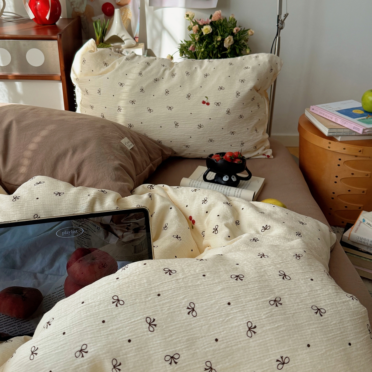 91家纺网 家纺一手货源 找家纺 轻奢坊 2026新款皱皱纱水洗棉韩系混搭四件套 樱桃结