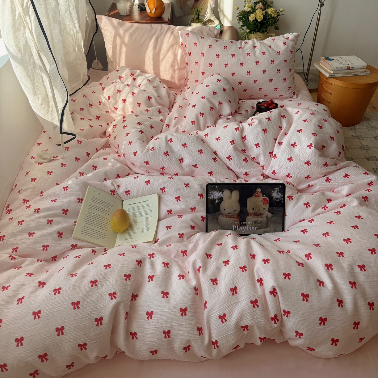 91家纺网 家纺一手货源 找家纺 轻奢坊 2026新款皱皱纱水洗棉韩系混搭四件套 莓果结