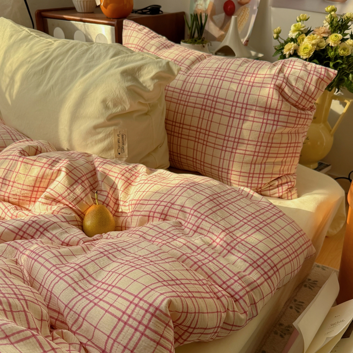 91家纺网 家纺一手货源 找家纺 轻奢坊 2026新款皱皱纱水洗棉韩系混搭四件套 格蕾粉