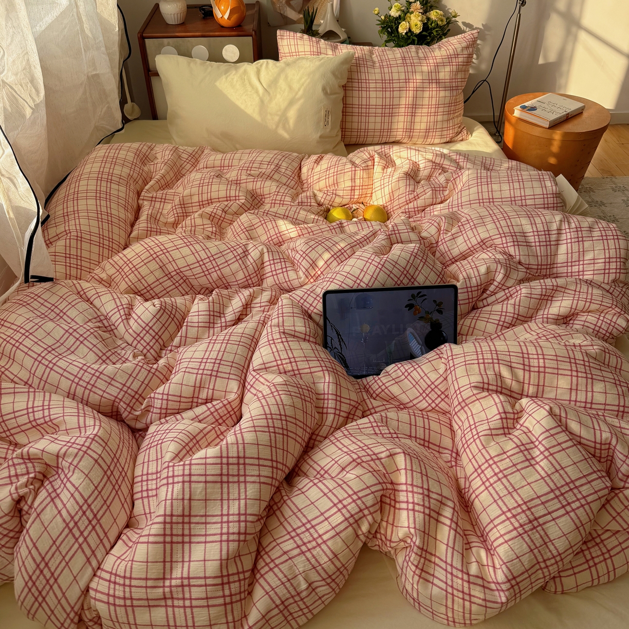 91家纺网 家纺一手货源 找家纺 轻奢坊 2026新款皱皱纱水洗棉韩系混搭四件套 格蕾粉