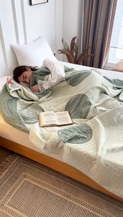 91家纺网 家纺一手货源 找家纺 朴尔家纺-毛巾被 2026春夏新款水洗全棉纯棉四层细纱系列毛巾被下班夏凉被空调被 年轮-绿毛巾被