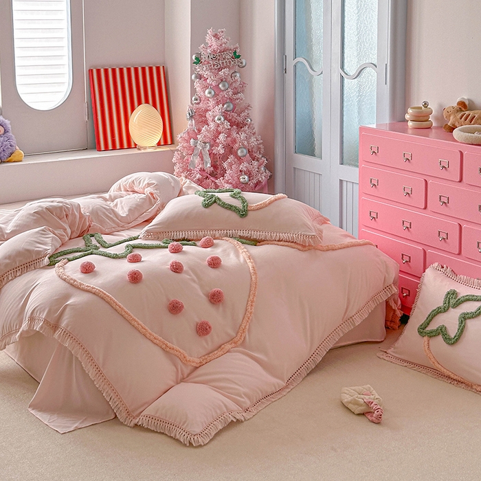缘生活 2026新款立体簇绒绣流苏四件套 大爱草莓-粉色