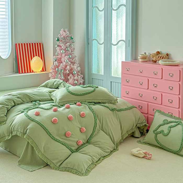 缘生活 2026新款立体簇绒绣流苏四件套 大爱草莓-抹茶绿