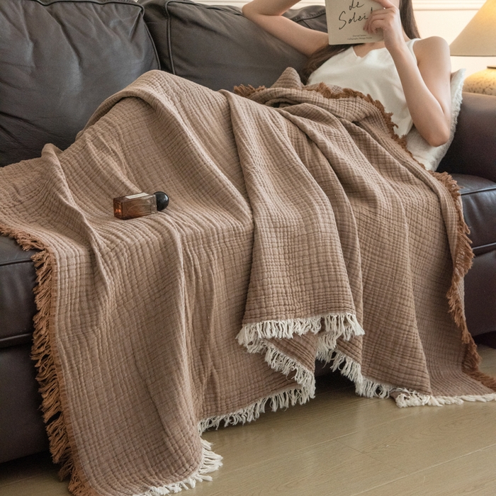 91家纺网 家纺一手货源 找家纺 （总）席世家 2026新款100%全棉纯棉皱皱纱云朵流苏毯毯子