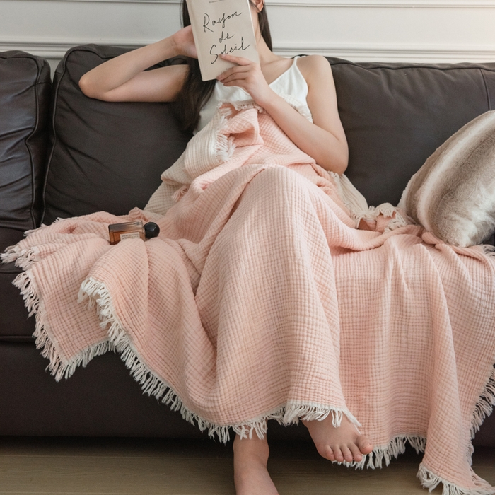 91家纺网 家纺一手货源 找家纺 （总）席世家 2026新款100%全棉纯棉皱皱纱云朵流苏毯毯子