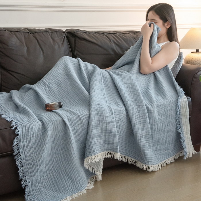 91家纺网 家纺一手货源 找家纺 （总）席世家 2026新款100%全棉纯棉皱皱纱云朵流苏毯毯子