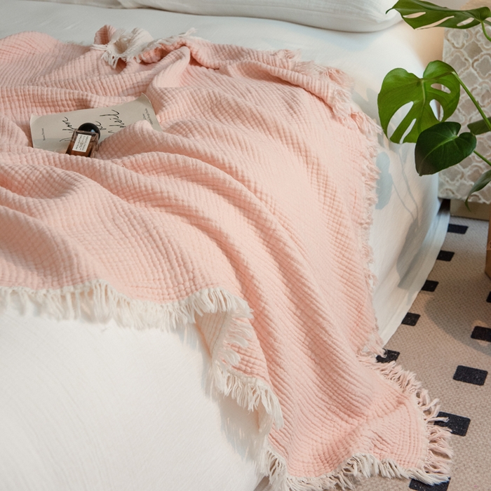 91家纺网 家纺一手货源 找家纺 （总）席世家 2026新款100%全棉纯棉皱皱纱云朵流苏毯毯子