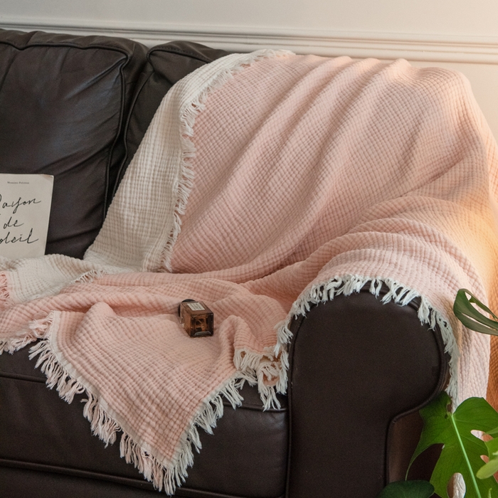 91家纺网 家纺一手货源 找家纺 （总）席世家 2026新款100%全棉纯棉皱皱纱云朵流苏毯毯子