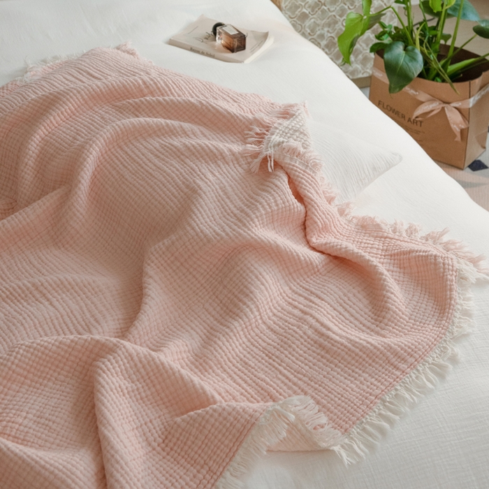 91家纺网 家纺一手货源 找家纺 （总）席世家 2026新款100%全棉纯棉皱皱纱云朵流苏毯毯子