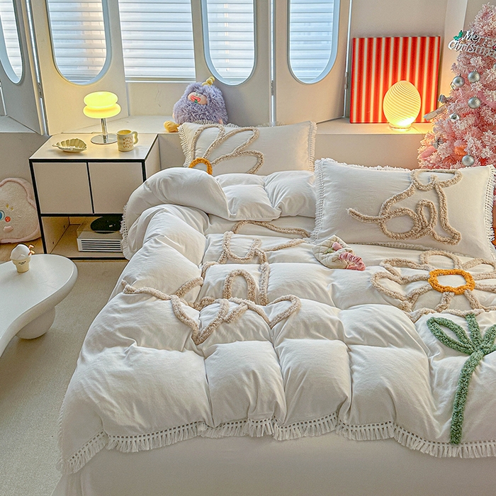 91家纺网 家纺一手货源 找家纺 缘生活 2026新款立体簇绒绣流苏四件套 大爱花小狗-本白