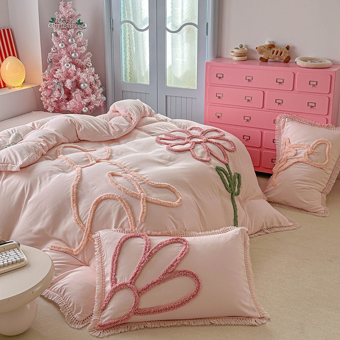 缘生活 2026新款立体簇绒绣流苏四件套 大爱花小狗-粉色