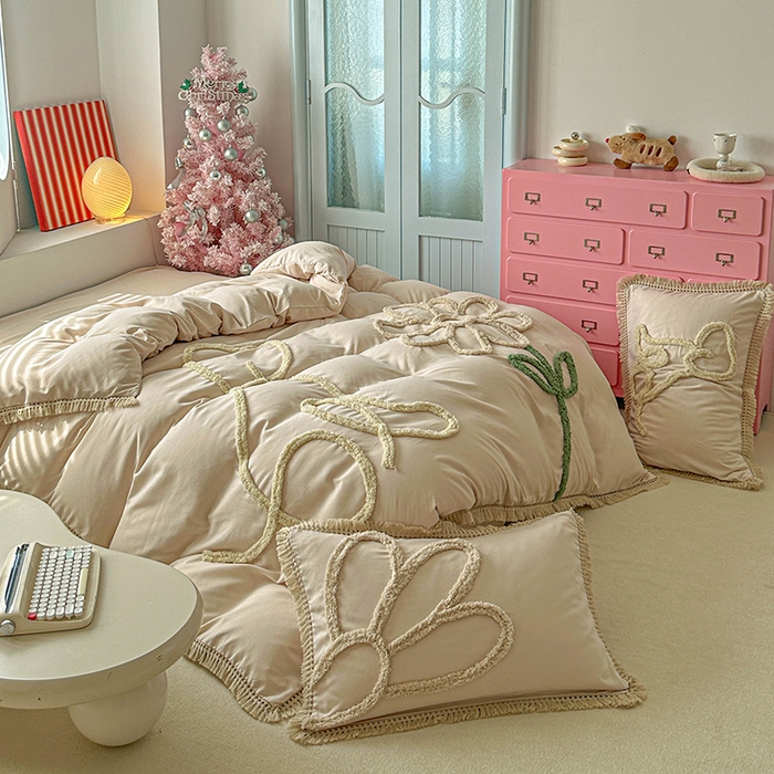 缘生活 2026新款立体簇绒绣流苏四件套 大爱花小狗-卡其