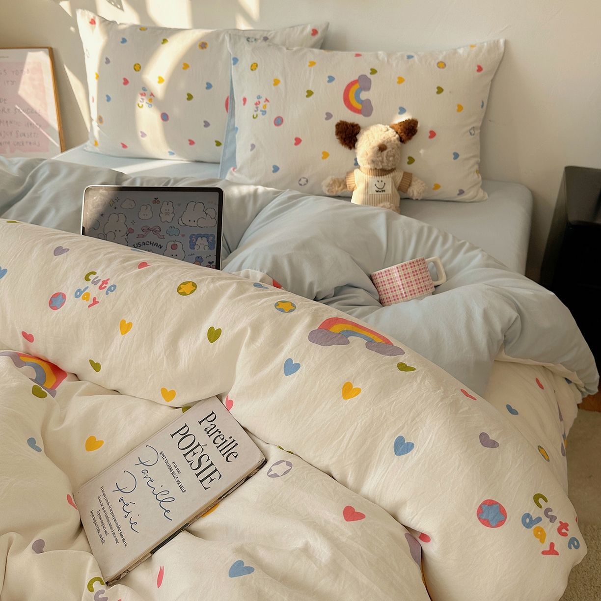 91家纺网 家纺一手货源 找家纺 初夏家纺 2026 新款水洗棉四件套A类卡通简约风床上三件套被套被罩【提供买家秀】 彩虹天堂