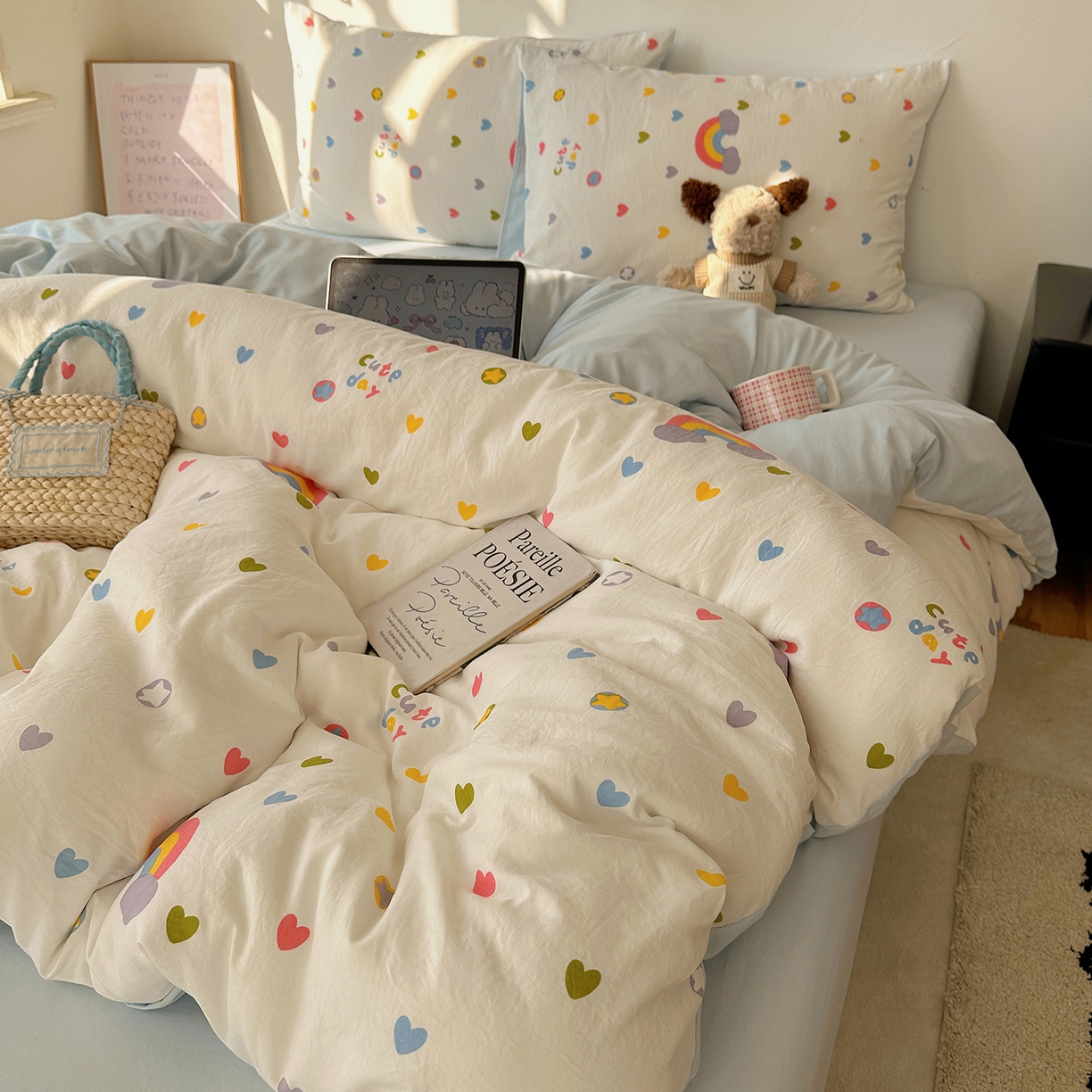 91家纺网 家纺一手货源 找家纺 初夏家纺 2026 新款水洗棉四件套A类卡通简约风床上三件套被套被罩【提供买家秀】 彩虹天堂