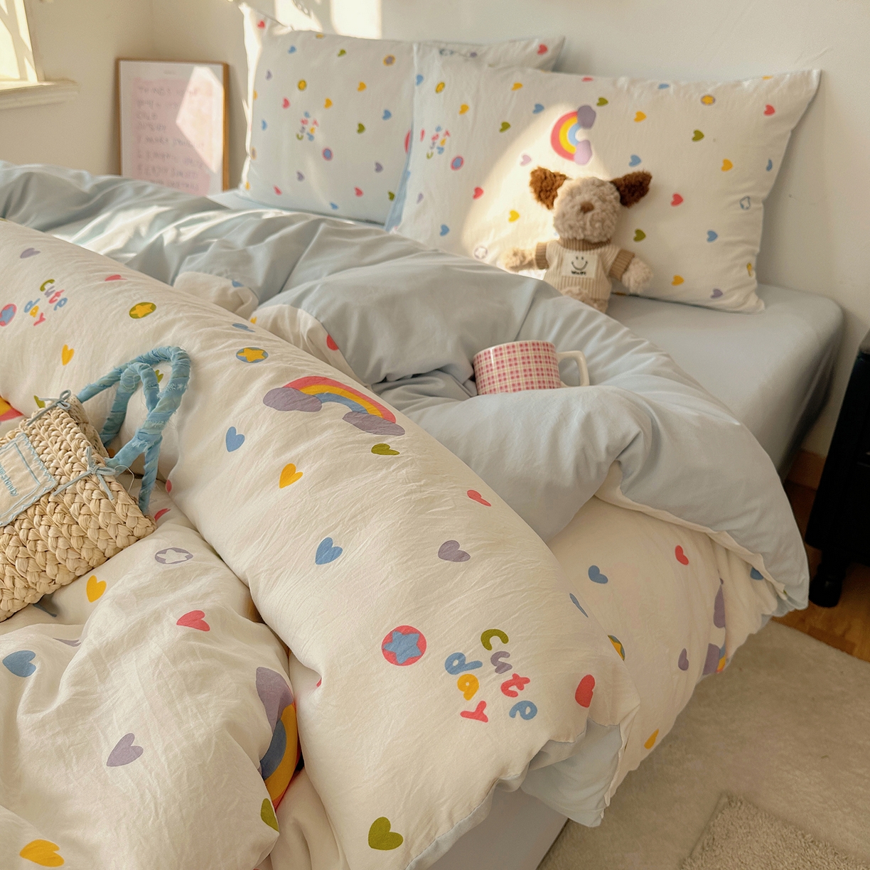 91家纺网 家纺一手货源 找家纺 初夏家纺 2026 新款水洗棉四件套A类卡通简约风床上三件套被套被罩【提供买家秀】 彩虹天堂