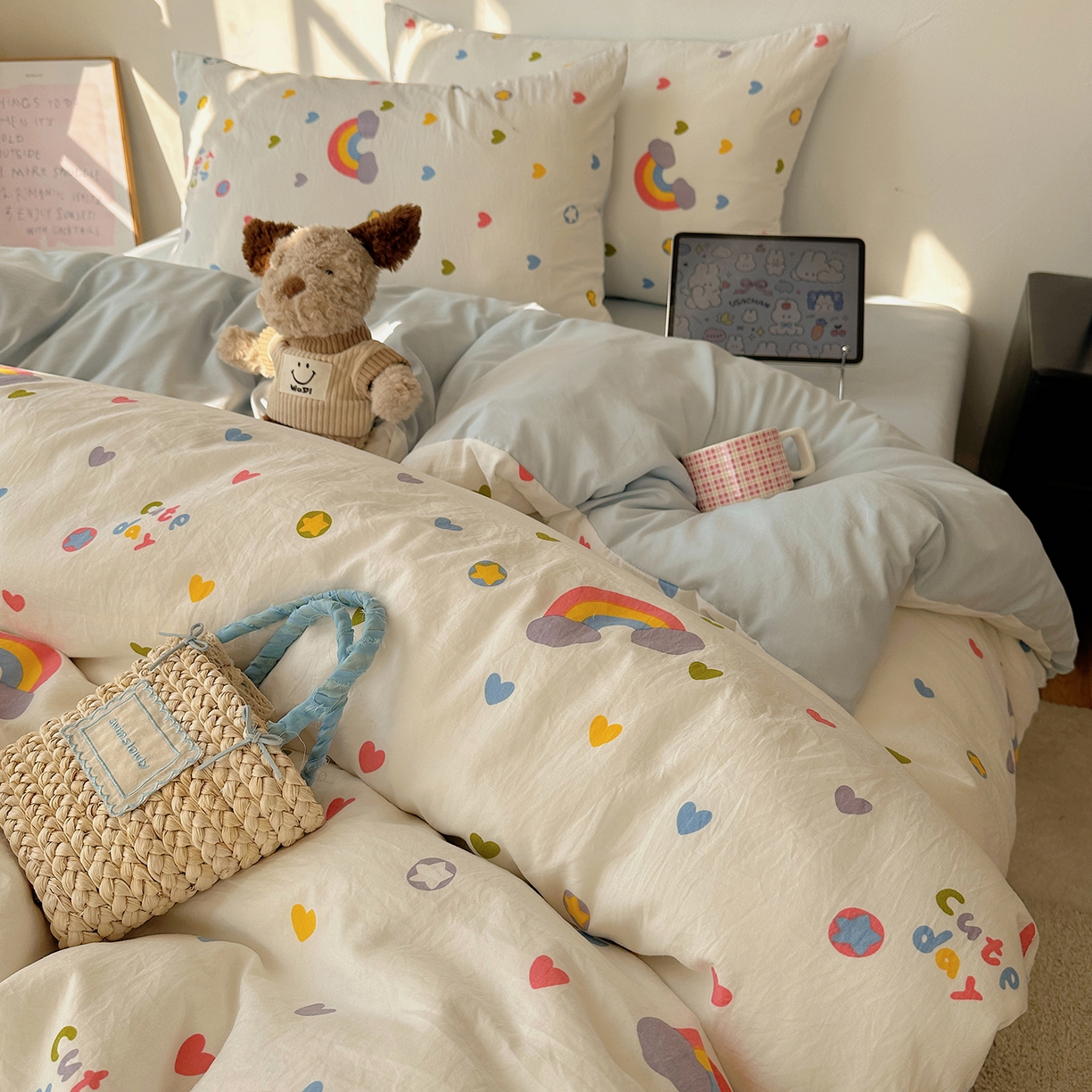 91家纺网 家纺一手货源 找家纺 初夏家纺 2026 新款水洗棉四件套A类卡通简约风床上三件套被套被罩【提供买家秀】 彩虹天堂