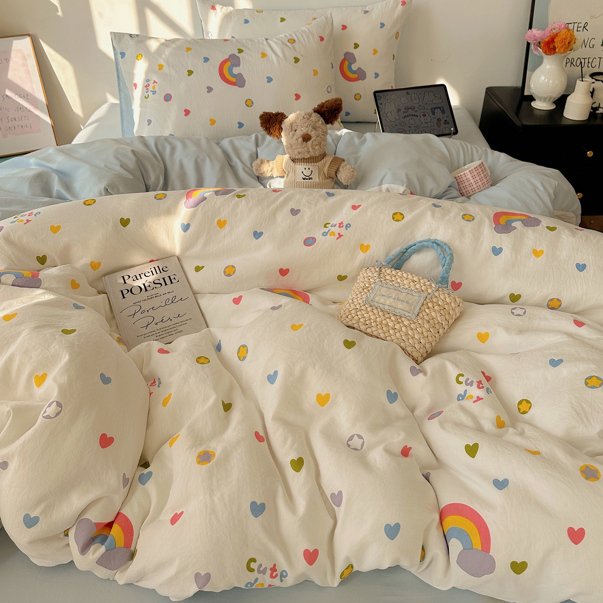 91家纺网 家纺一手货源 找家纺 初夏家纺 2026 新款水洗棉四件套A类卡通简约风床上三件套被套被罩【提供买家秀】 彩虹天堂