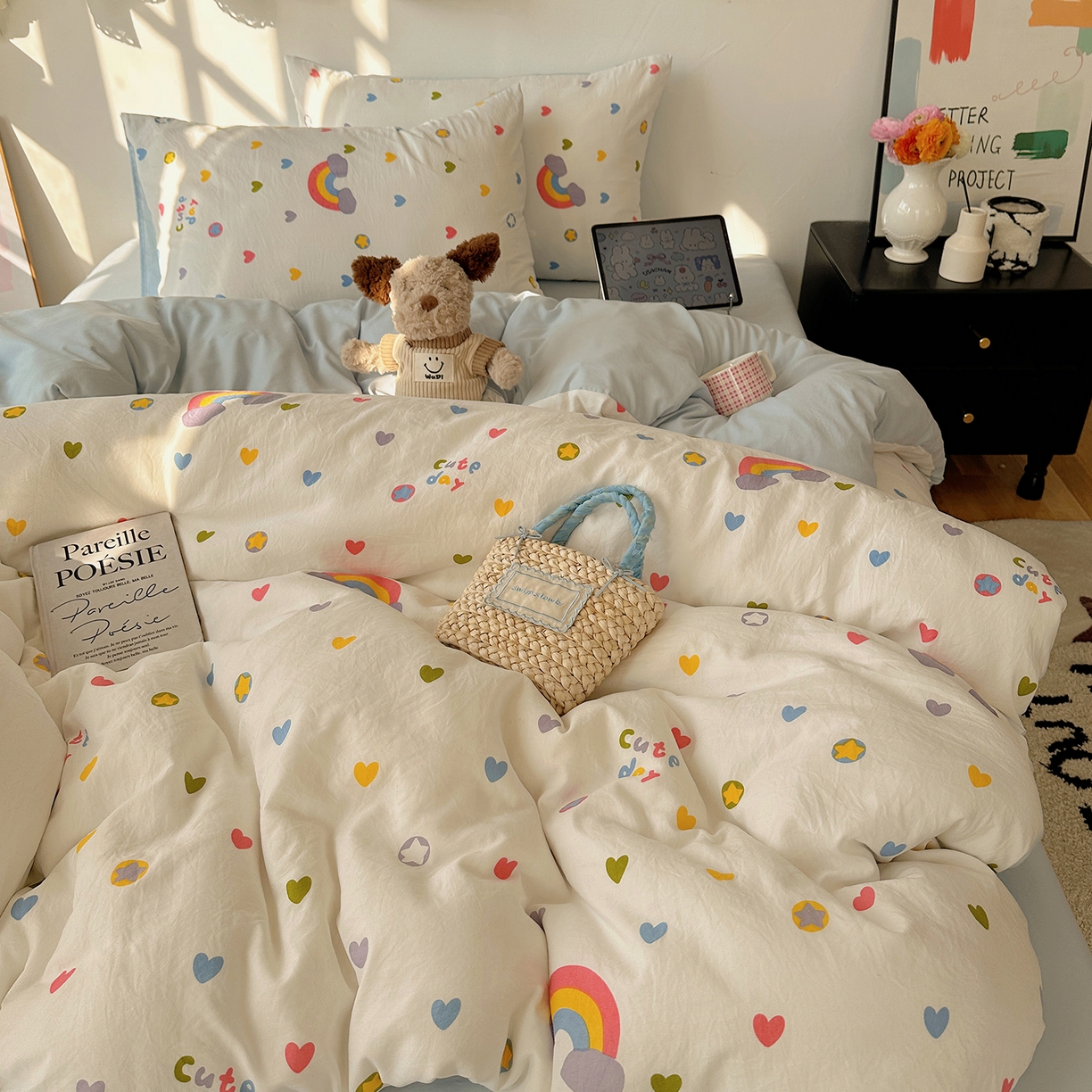 91家纺网 家纺一手货源 找家纺 初夏家纺 2026 新款水洗棉四件套A类卡通简约风床上三件套被套被罩【提供买家秀】 彩虹天堂