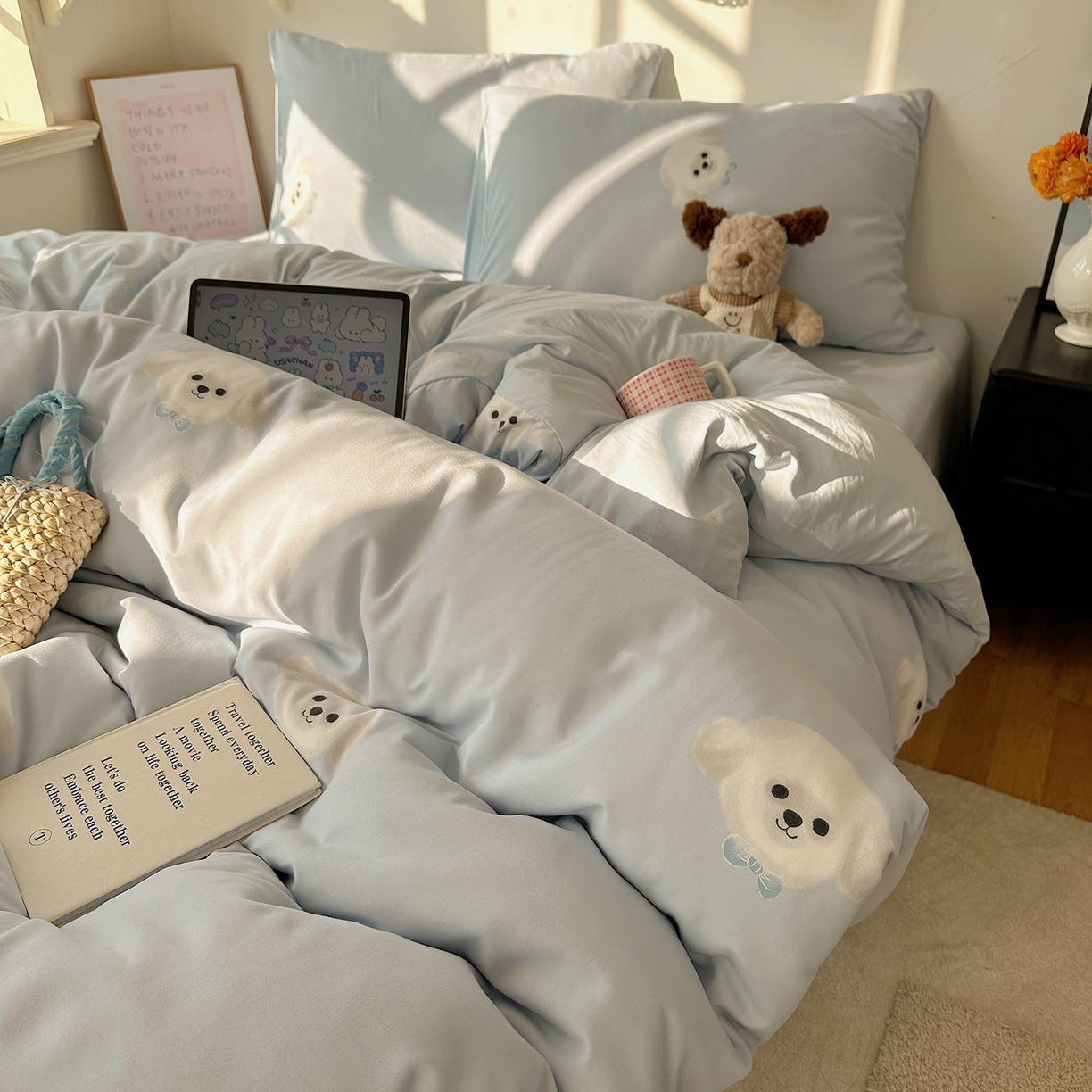 91家纺网 家纺一手货源 找家纺 初夏家纺 2026 新款水洗棉四件套A类卡通简约风床上三件套被套被罩【提供买家秀】 云朵狗