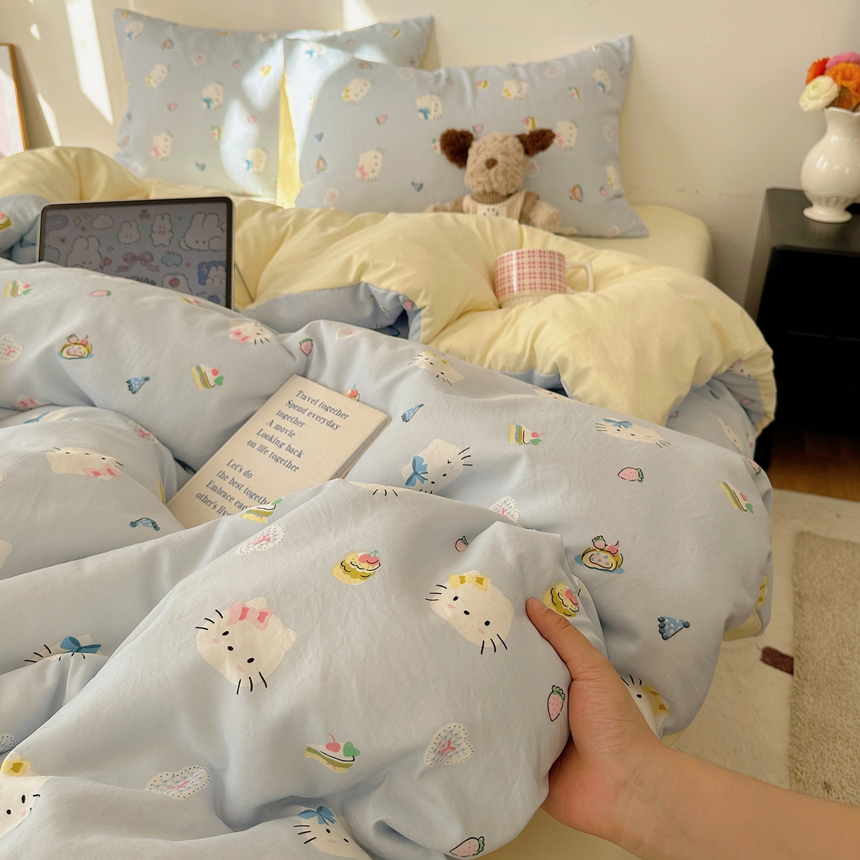 91家纺网 家纺一手货源 找家纺 初夏家纺 2026 新款水洗棉四件套A类卡通简约风床上三件套被套被罩【提供买家秀】 猫屿甜心