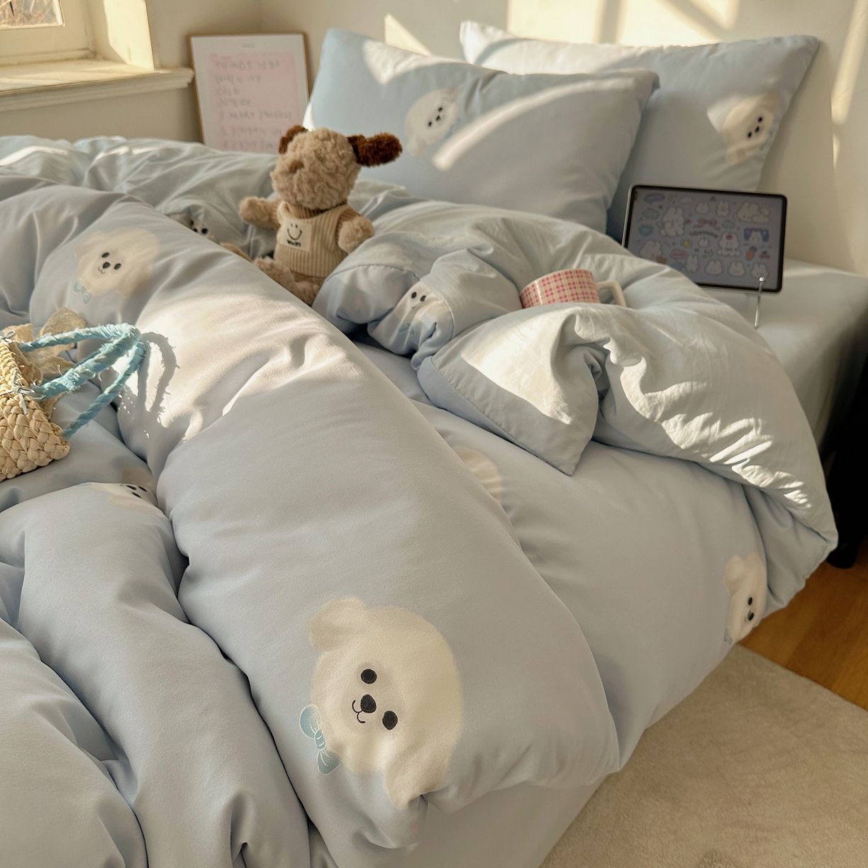 91家纺网 家纺一手货源 找家纺 初夏家纺 2026 新款水洗棉四件套A类卡通简约风床上三件套被套被罩【提供买家秀】 云朵狗