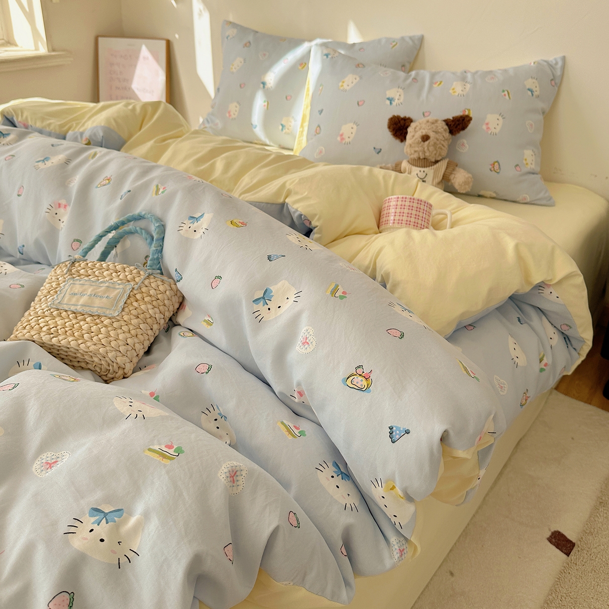 91家纺网 家纺一手货源 找家纺 初夏家纺 2026 新款水洗棉四件套A类卡通简约风床上三件套被套被罩【提供买家秀】 猫屿甜心