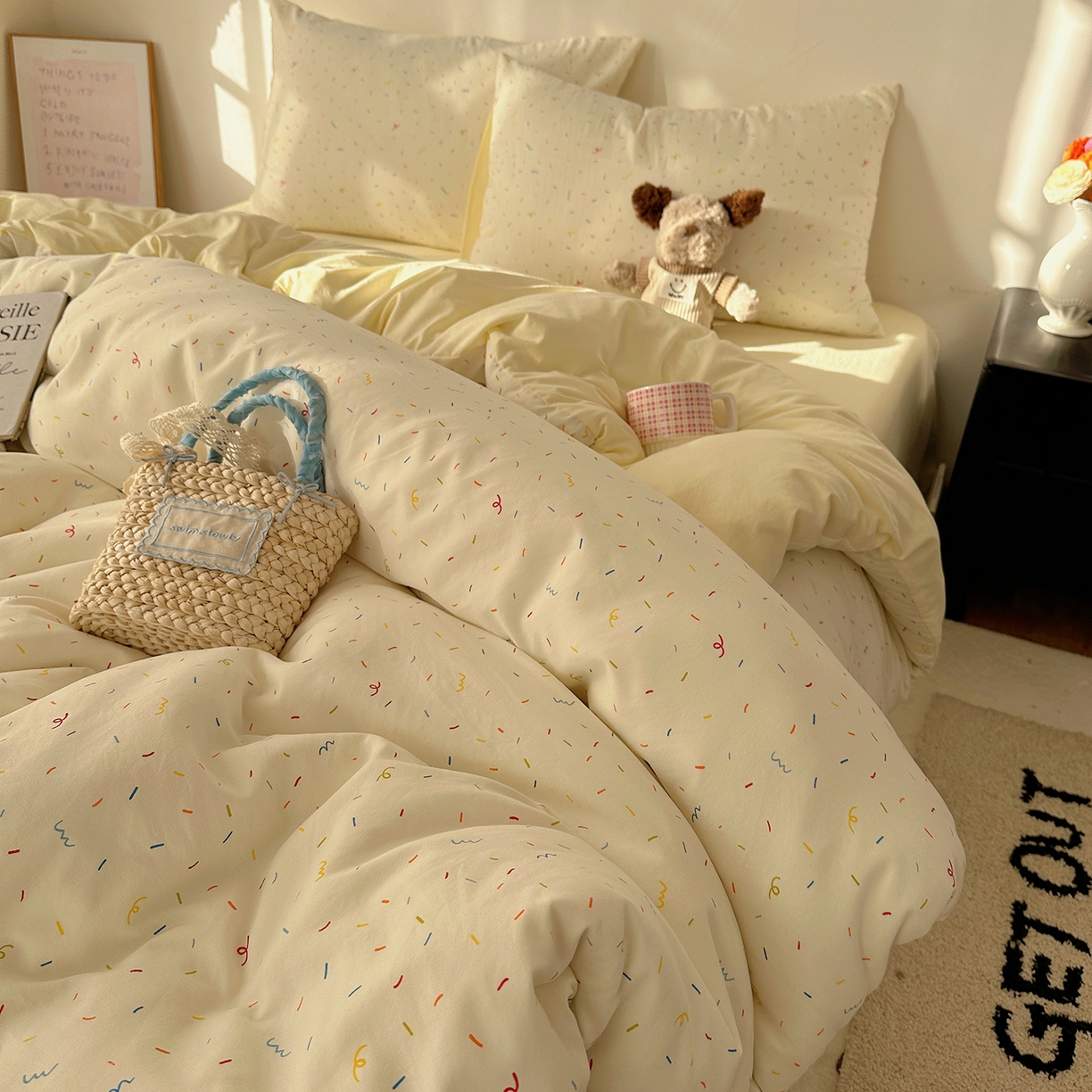 91家纺网 家纺一手货源 找家纺 初夏家纺 2026 新款水洗棉四件套A类卡通简约风床上三件套被套被罩【提供买家秀】 芝士碎