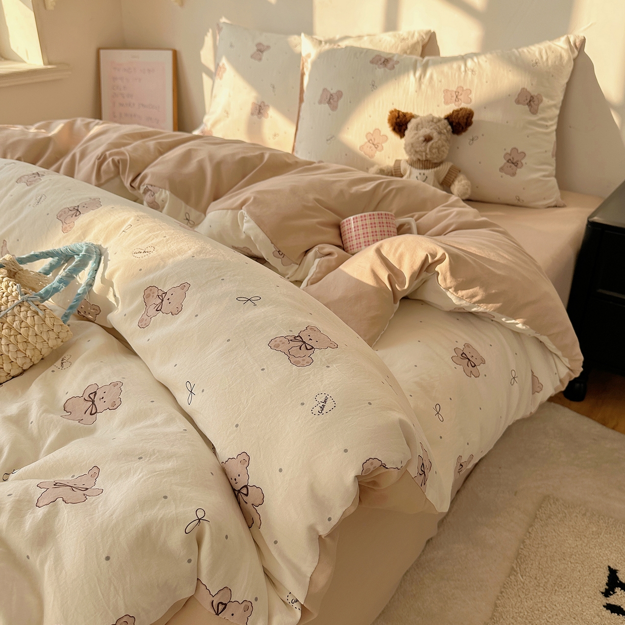 91家纺网 家纺一手货源 找家纺 初夏家纺 2026 新款水洗棉四件套A类卡通简约风床上三件套被套被罩【提供买家秀】 饼干熊