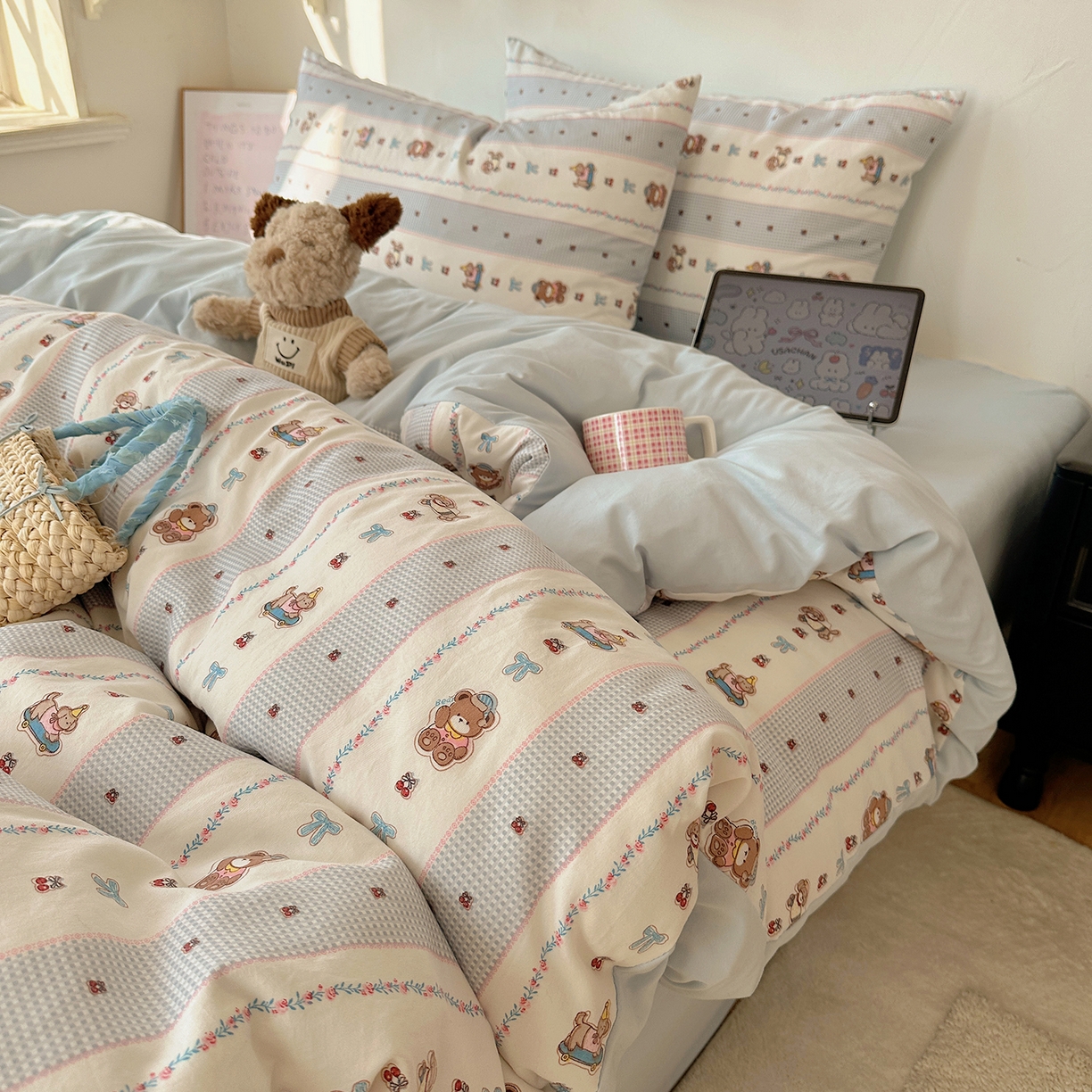 初夏家纺 2026 新款水洗棉四件套A类卡通简约风床上三件套被套被罩【提供买家秀】 蓝色假日