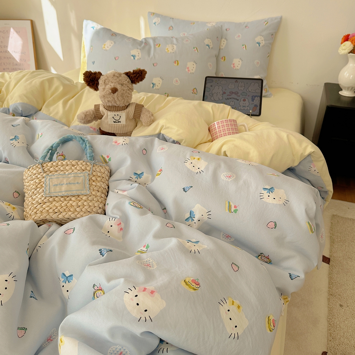 91家纺网 家纺一手货源 找家纺 初夏家纺 2026 新款水洗棉四件套A类卡通简约风床上三件套被套被罩【提供买家秀】 猫屿甜心