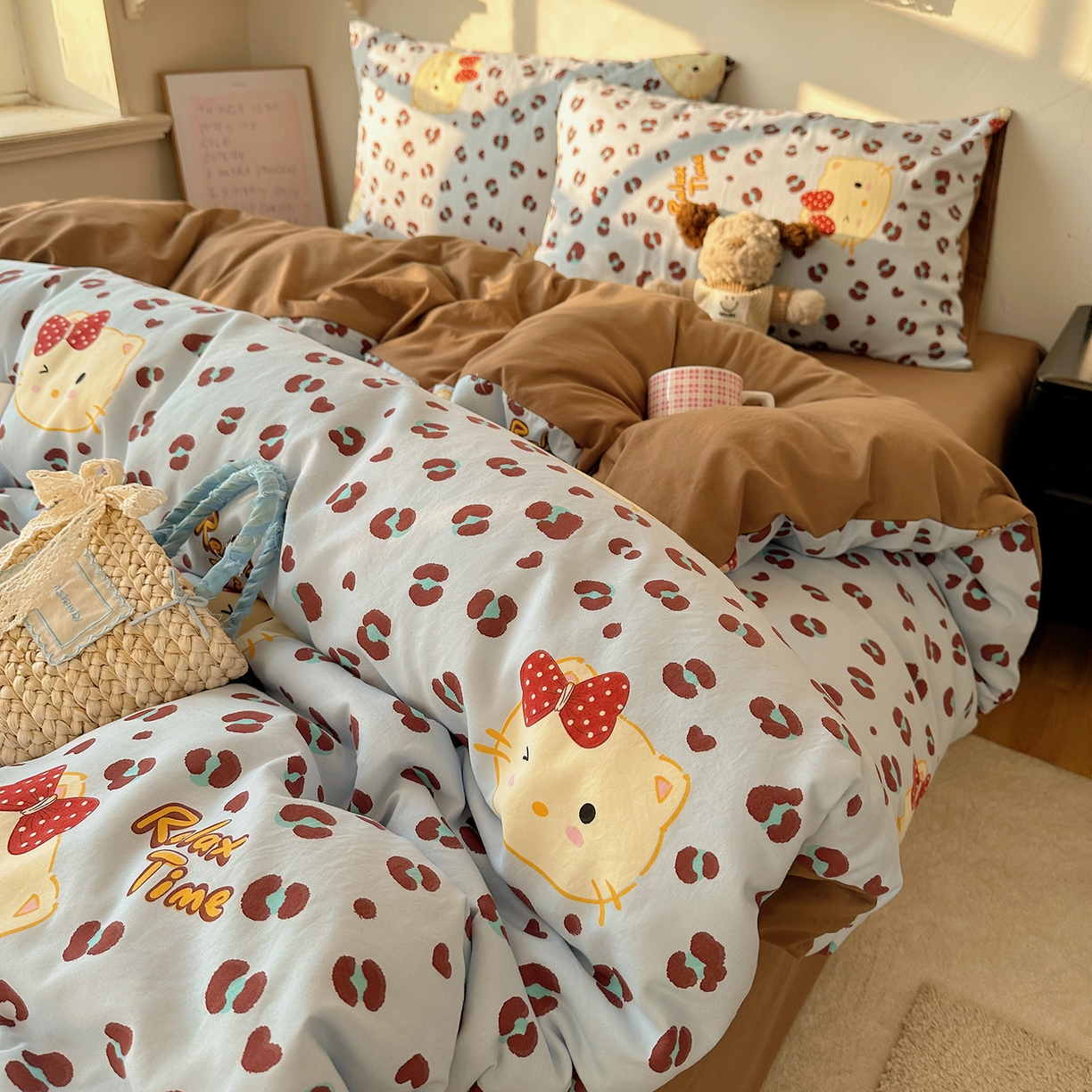 91家纺网 家纺一手货源 找家纺 初夏家纺 2026 新款水洗棉四件套A类卡通简约风床上三件套被套被罩【提供买家秀】 蓝豹喵星人