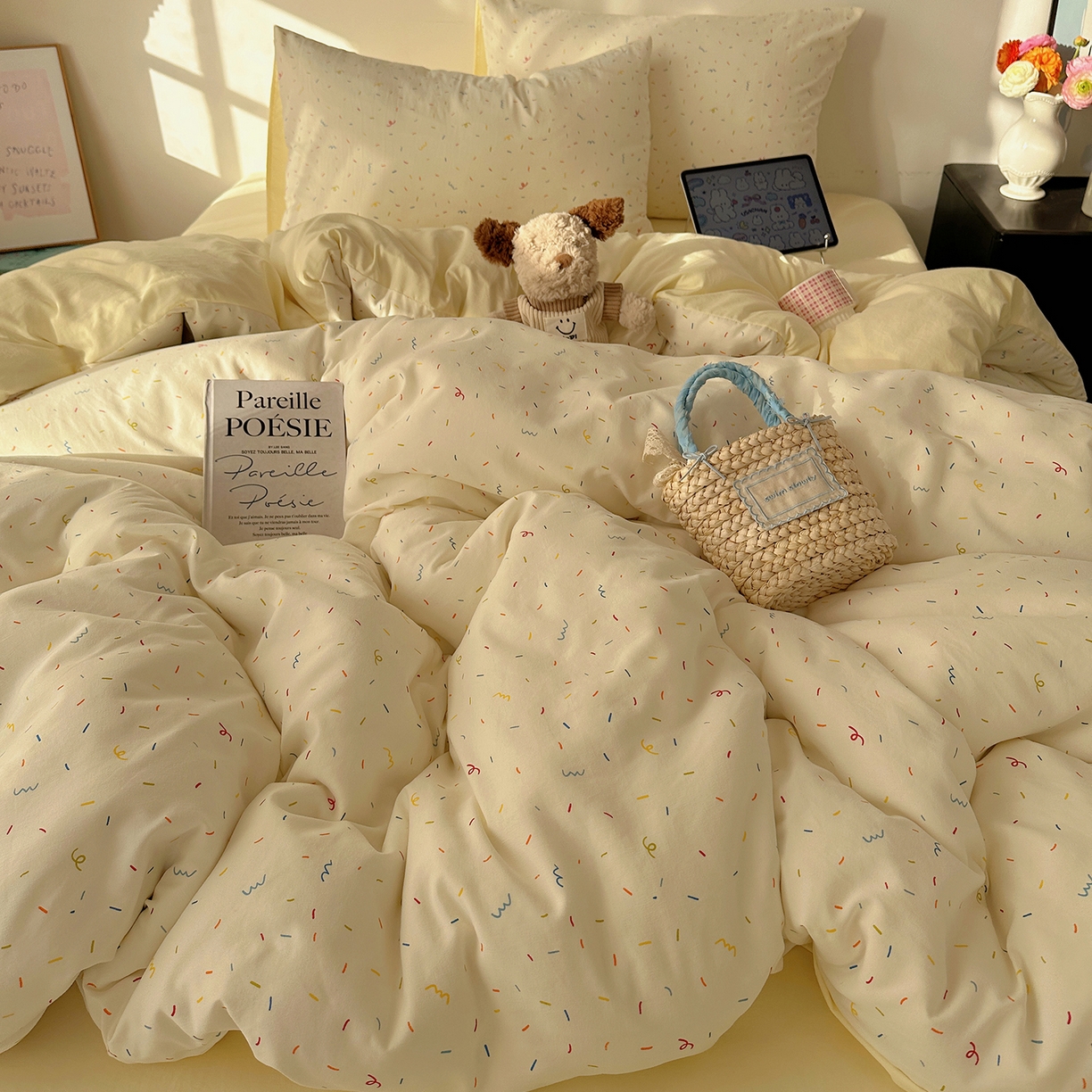 91家纺网 家纺一手货源 找家纺 初夏家纺 2026 新款水洗棉四件套A类卡通简约风床上三件套被套被罩【提供买家秀】 芝士碎