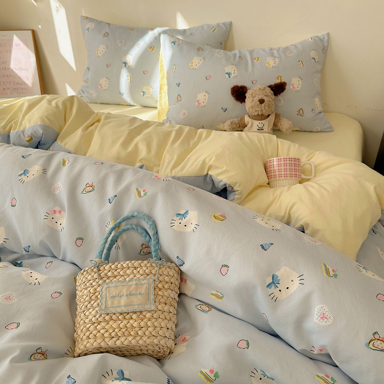 91家纺网 家纺一手货源 找家纺 初夏家纺 2026 新款水洗棉四件套A类卡通简约风床上三件套被套被罩【提供买家秀】 猫屿甜心