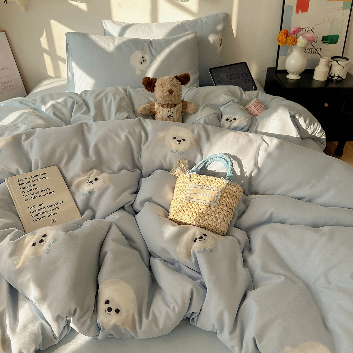 91家纺网 家纺一手货源 找家纺 初夏家纺 2026 新款水洗棉四件套A类卡通简约风床上三件套被套被罩【提供买家秀】 云朵狗