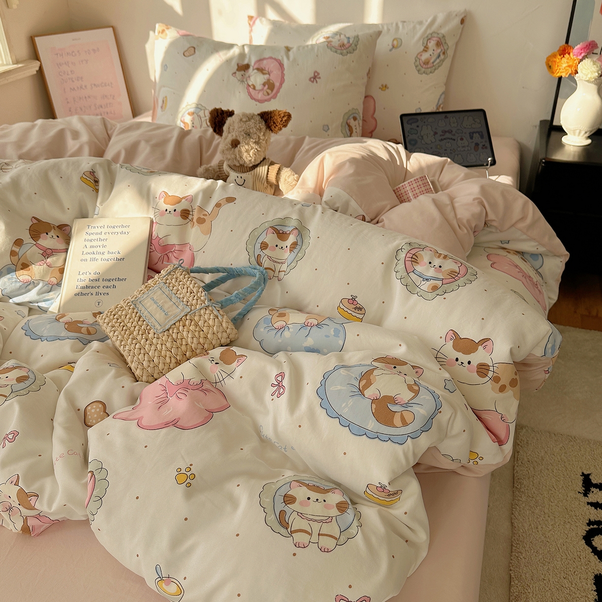 91家纺网 家纺一手货源 找家纺 初夏家纺 2026 新款水洗棉四件套A类卡通简约风床上三件套被套被罩【提供买家秀】 萌猫派对