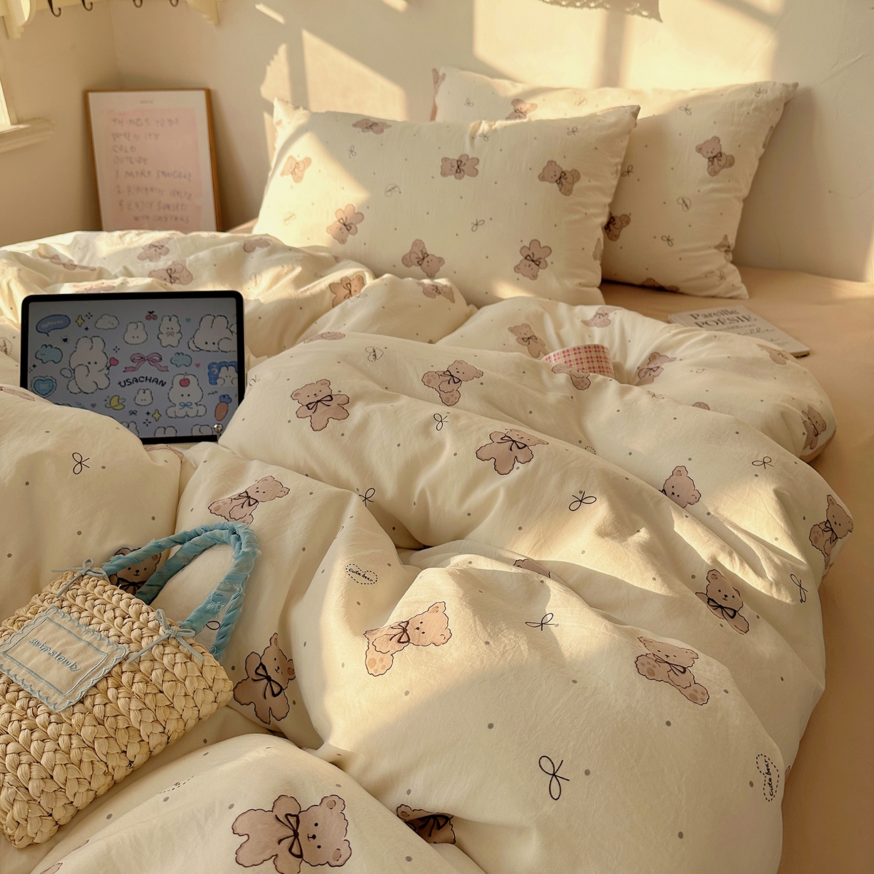 91家纺网 家纺一手货源 找家纺 初夏家纺 2026 新款水洗棉四件套A类卡通简约风床上三件套被套被罩【提供买家秀】 饼干熊