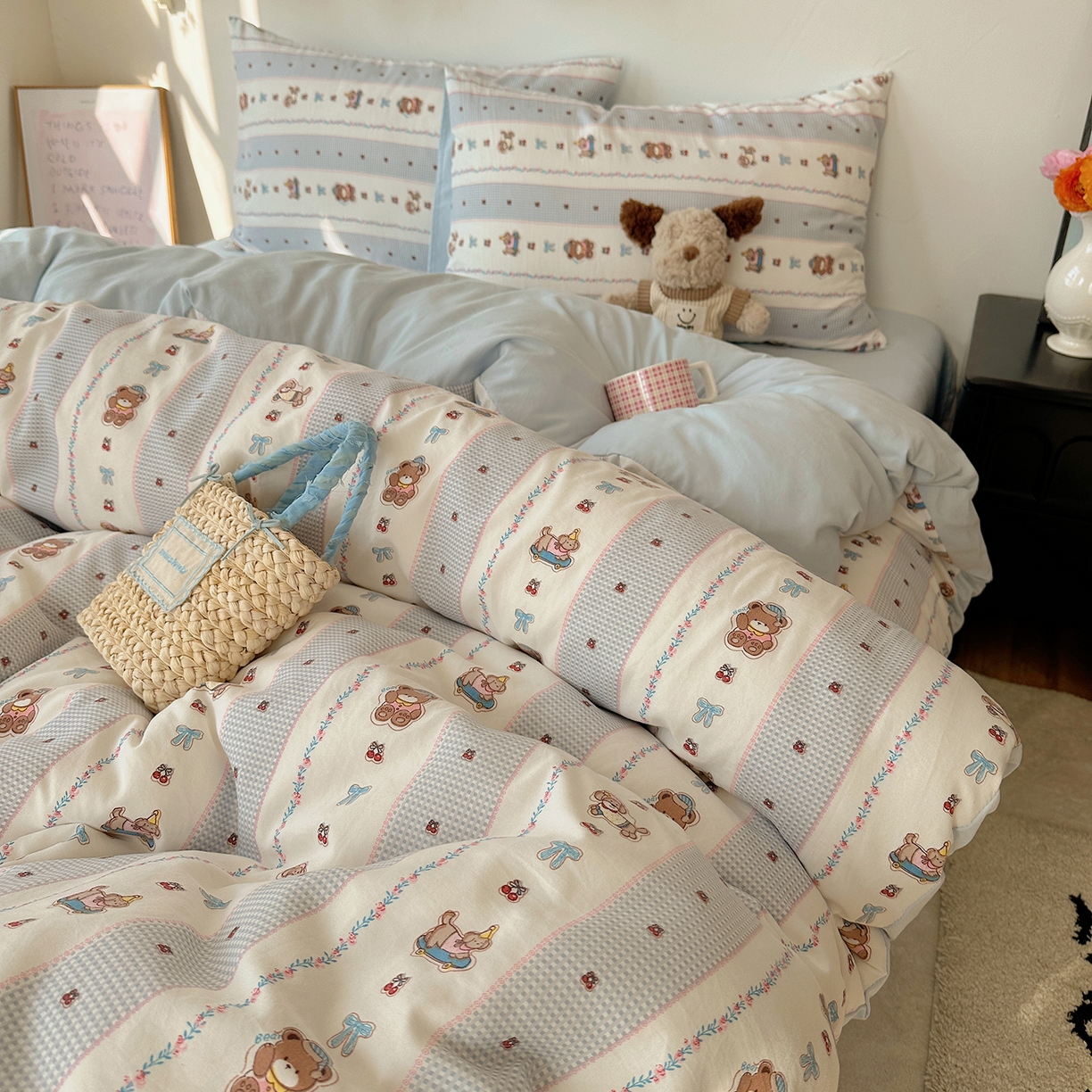 91家纺网 家纺一手货源 找家纺 初夏家纺 2026 新款水洗棉四件套A类卡通简约风床上三件套被套被罩【提供买家秀】 蓝色假日