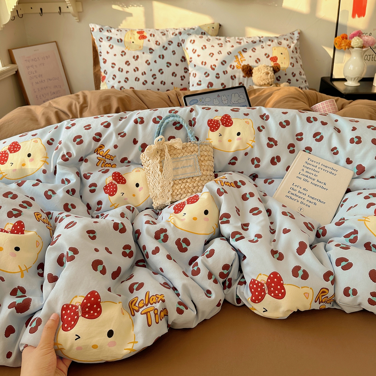 91家纺网 家纺一手货源 找家纺 初夏家纺 2026 新款水洗棉四件套A类卡通简约风床上三件套被套被罩【提供买家秀】 蓝豹喵星人