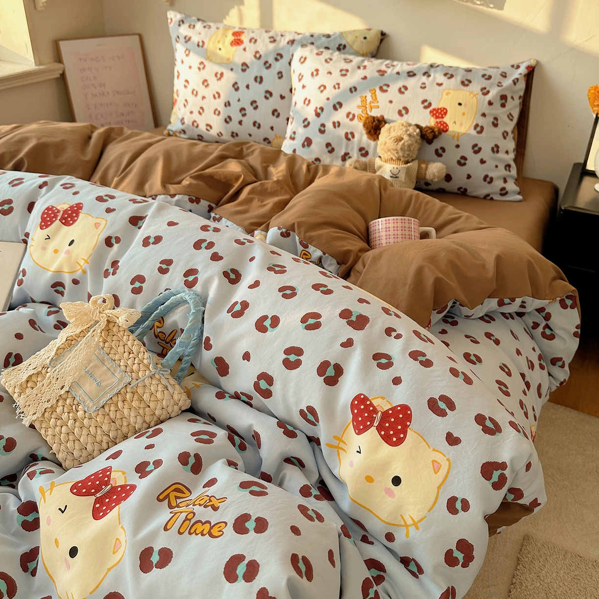 91家纺网 家纺一手货源 找家纺 初夏家纺 2026 新款水洗棉四件套A类卡通简约风床上三件套被套被罩【提供买家秀】 蓝豹喵星人