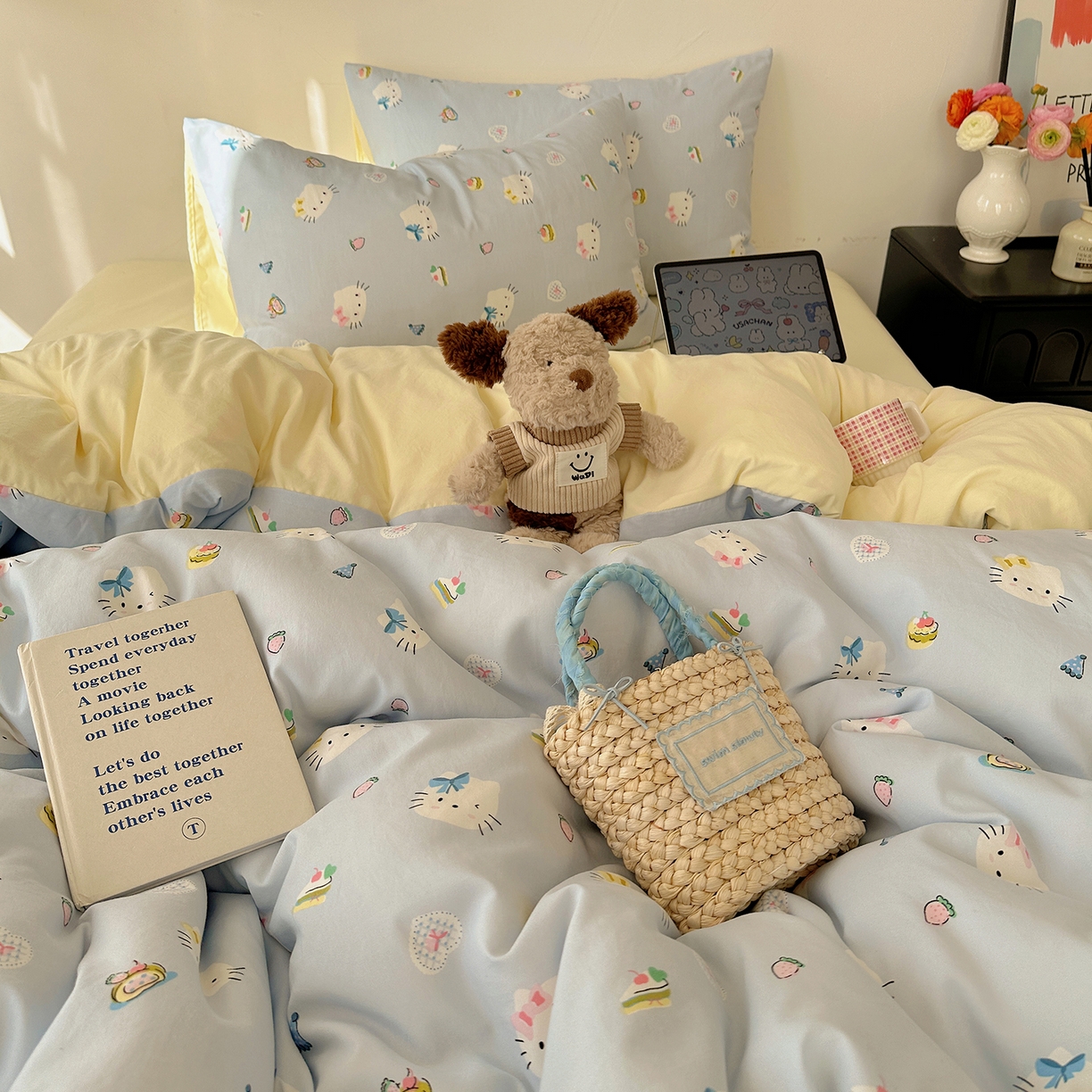 91家纺网 家纺一手货源 找家纺 初夏家纺 2026 新款水洗棉四件套A类卡通简约风床上三件套被套被罩【提供买家秀】 猫屿甜心