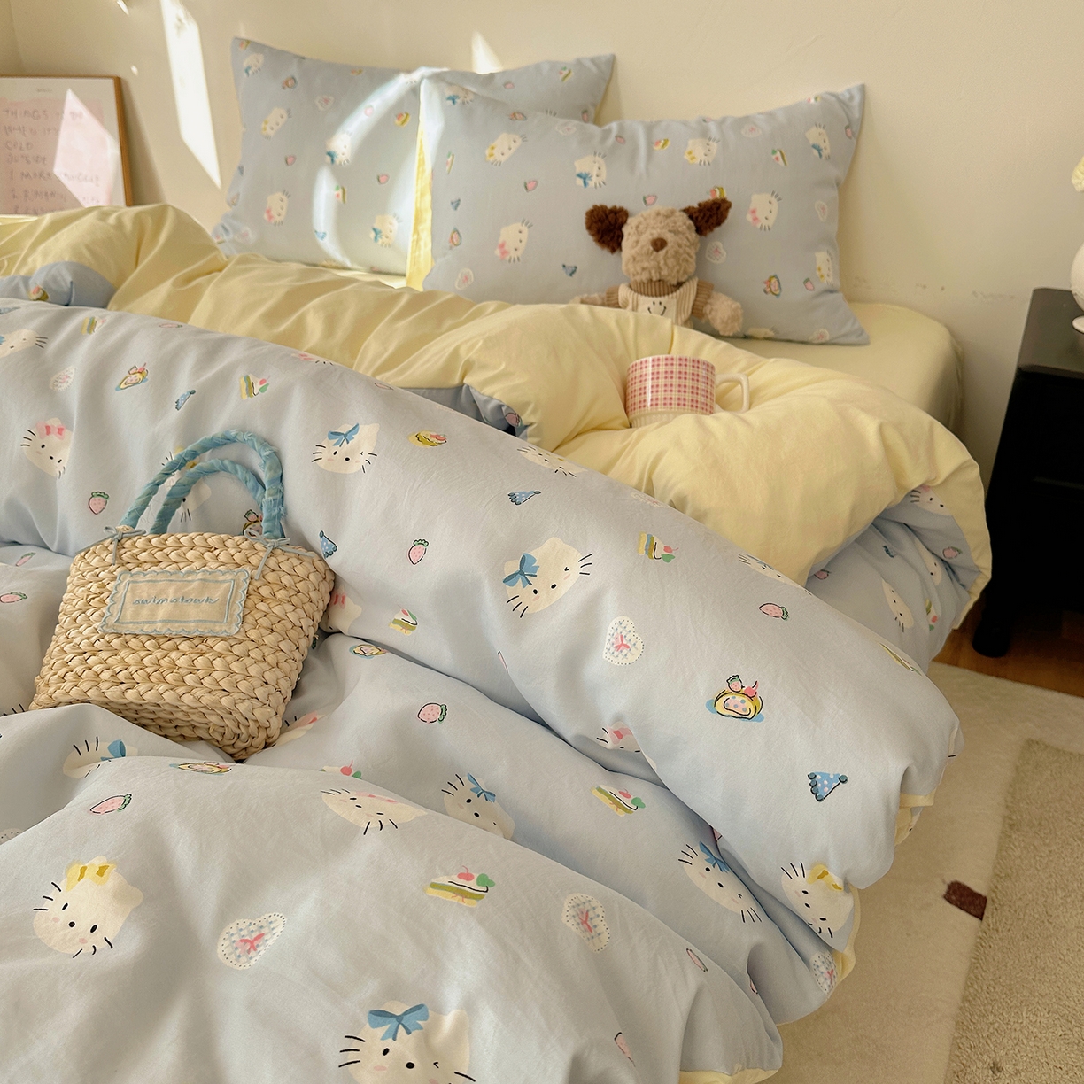 91家纺网 家纺一手货源 找家纺 初夏家纺 2026 新款水洗棉四件套A类卡通简约风床上三件套被套被罩【提供买家秀】 猫屿甜心