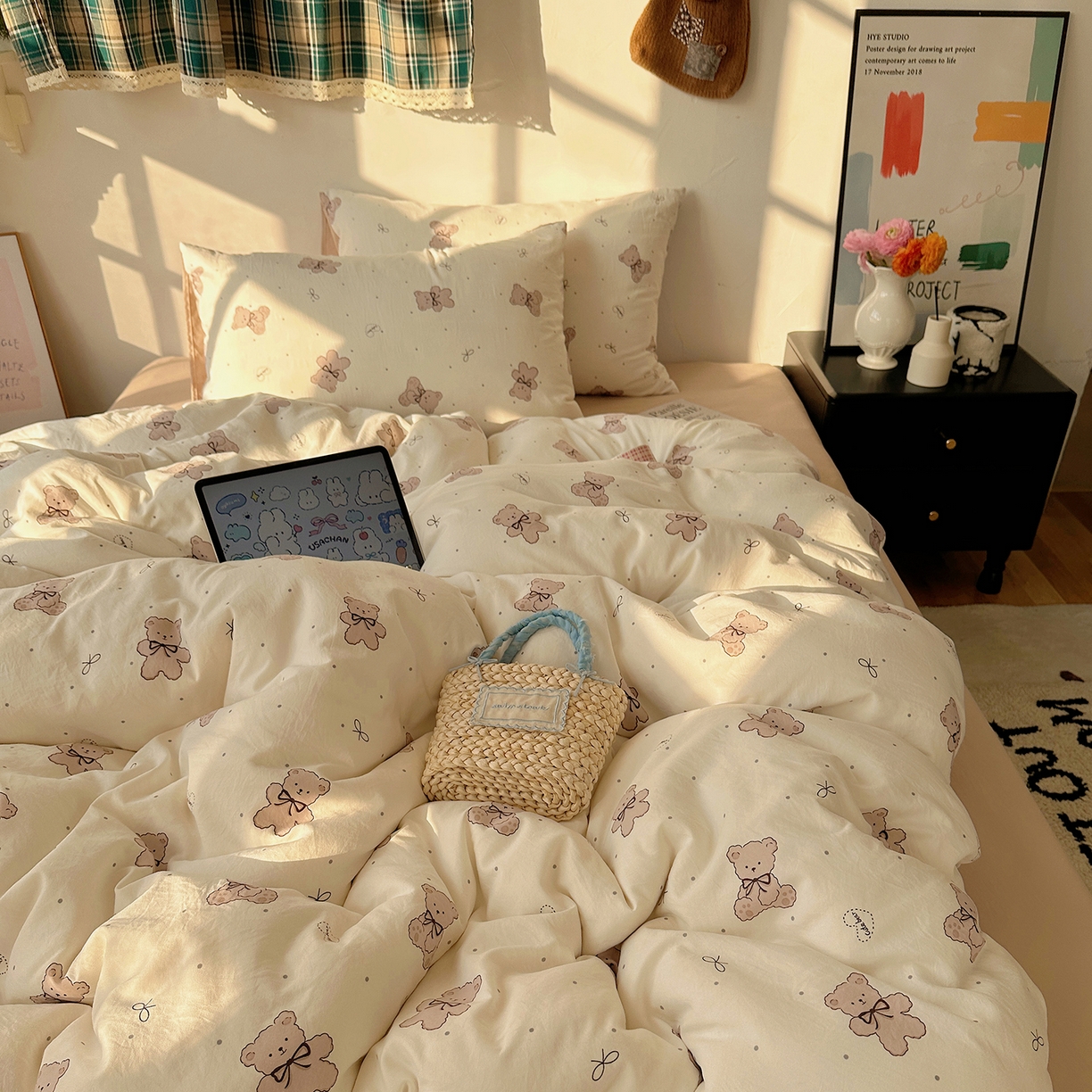 91家纺网 家纺一手货源 找家纺 初夏家纺 2026 新款水洗棉四件套A类卡通简约风床上三件套被套被罩【提供买家秀】 饼干熊