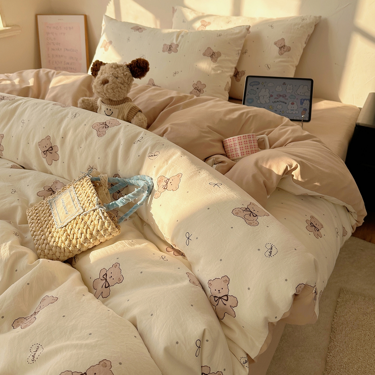 初夏家纺 2026 新款水洗棉四件套A类卡通简约风床上三件套被套被罩【提供买家秀】 饼干熊