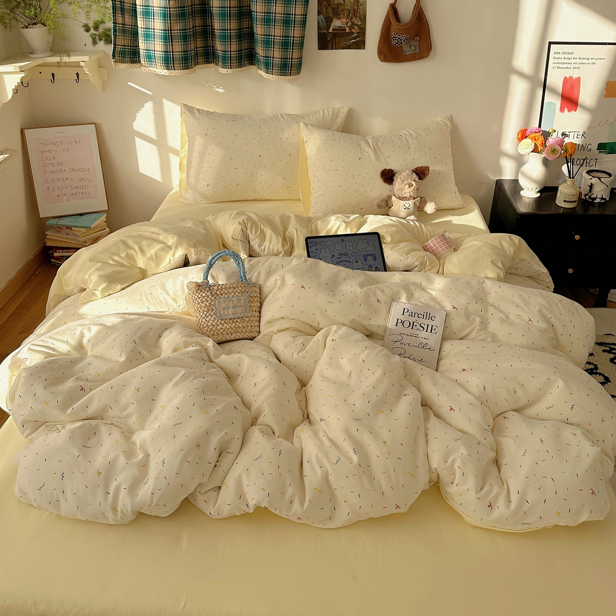 91家纺网 家纺一手货源 找家纺 初夏家纺 2026 新款水洗棉四件套A类卡通简约风床上三件套被套被罩【提供买家秀】 芝士碎