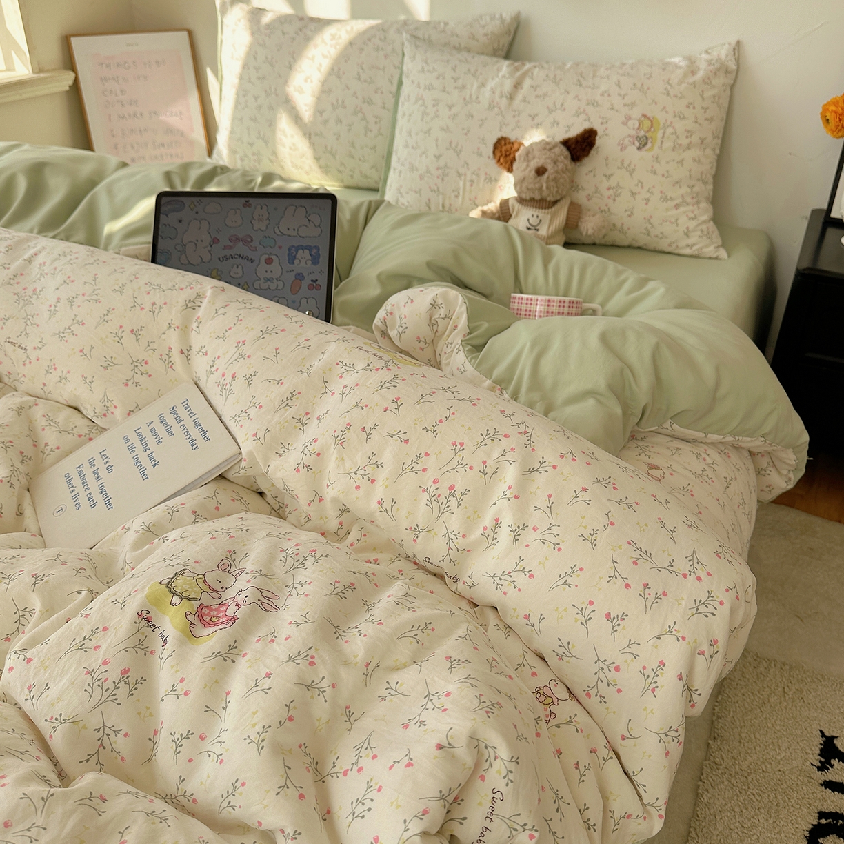 91家纺网 家纺一手货源 找家纺 初夏家纺 2026 新款水洗棉四件套A类卡通简约风床上三件套被套被罩【提供买家秀】 森系田园兔