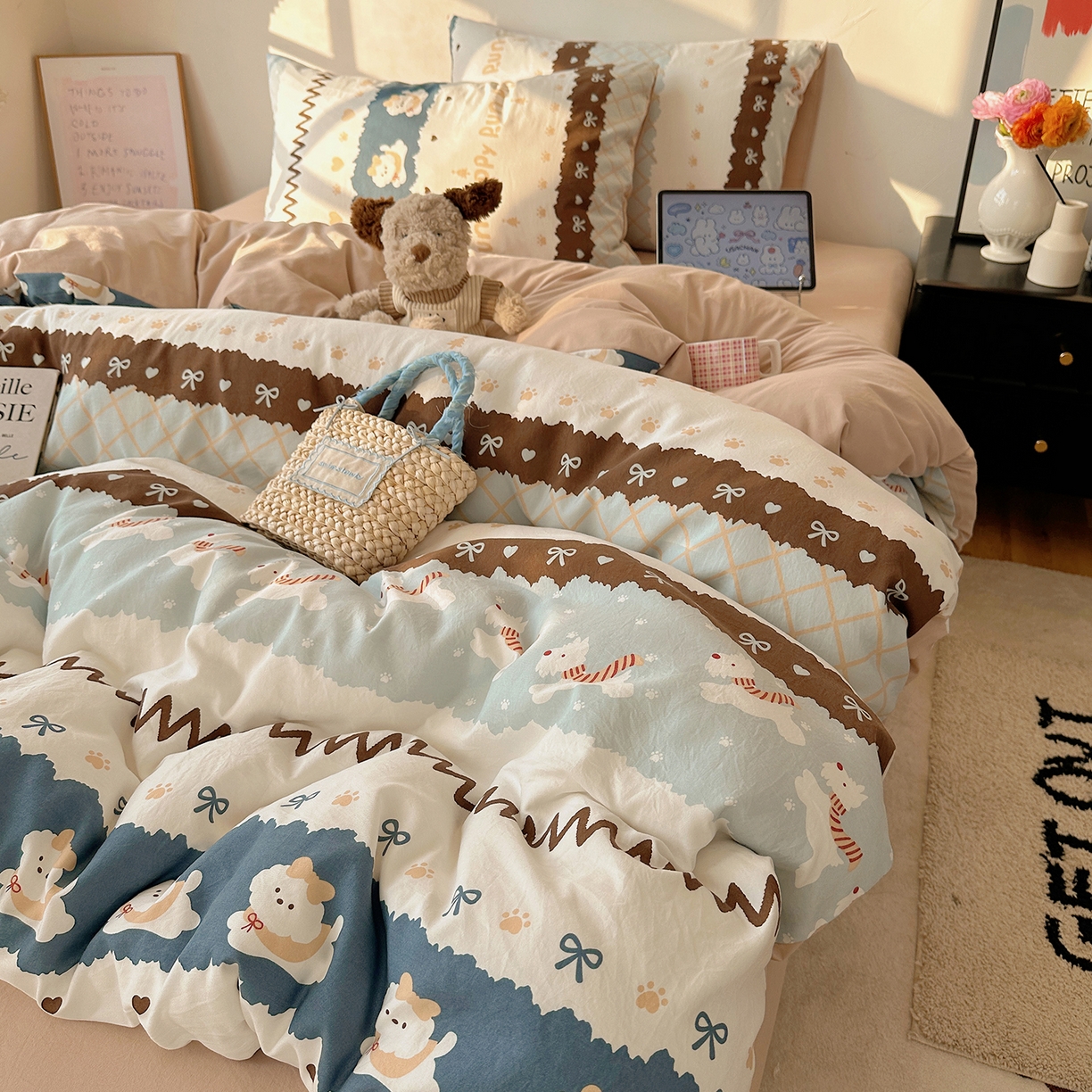 91家纺网 家纺一手货源 找家纺 初夏家纺 2026 新款水洗棉四件套A类卡通简约风床上三件套被套被罩【提供买家秀】 奔向幸福