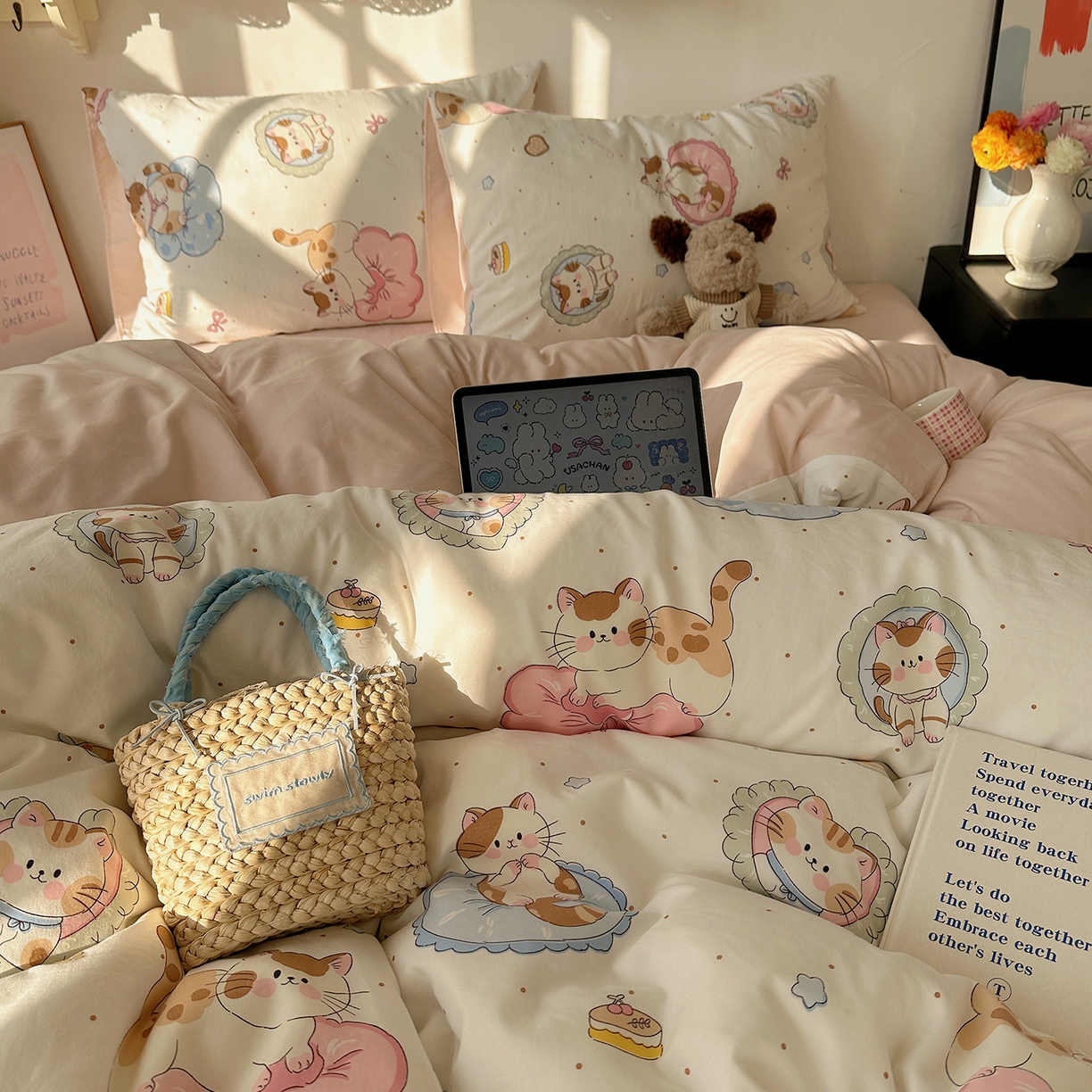 91家纺网 家纺一手货源 找家纺 初夏家纺 2026 新款水洗棉四件套A类卡通简约风床上三件套被套被罩【提供买家秀】 萌猫派对