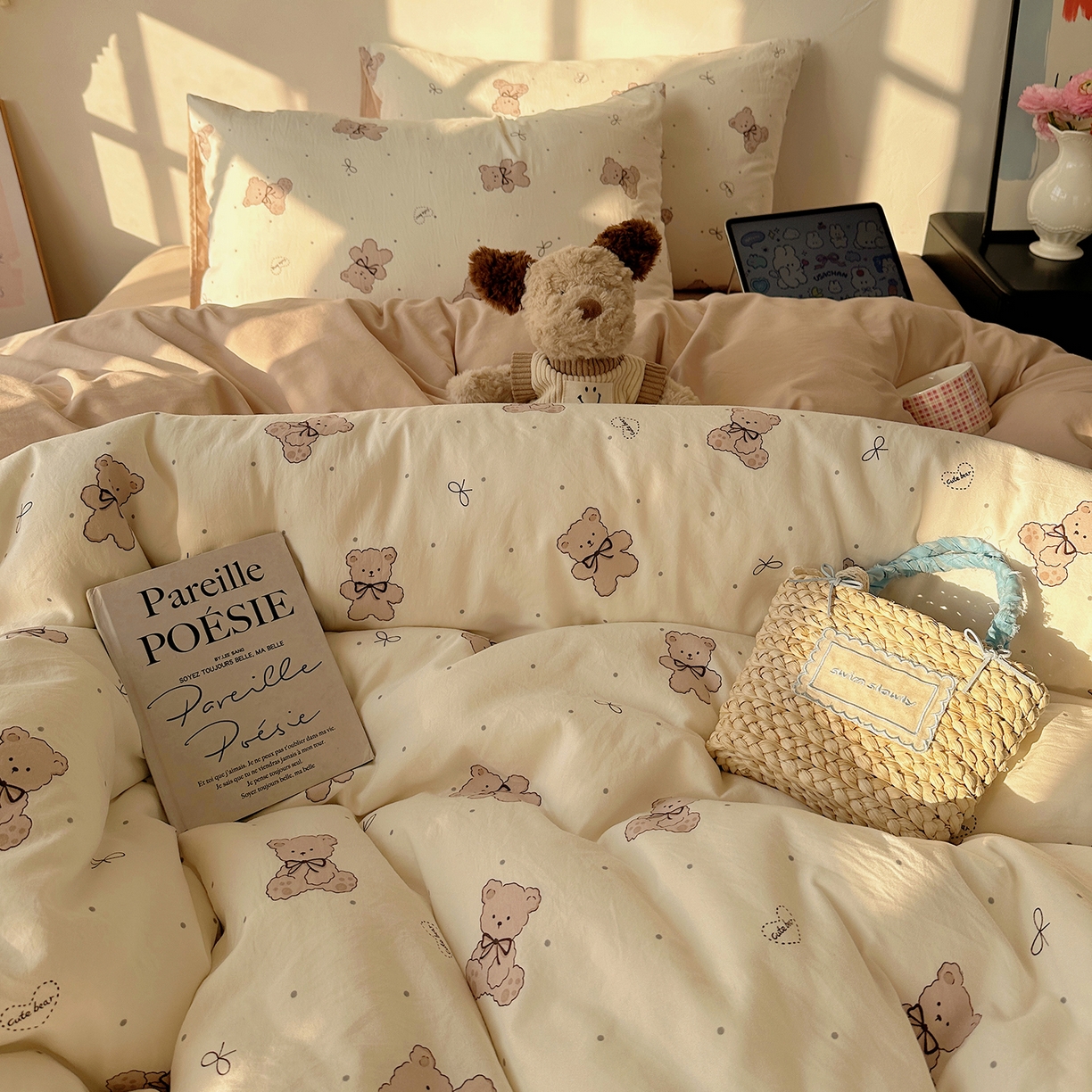 91家纺网 家纺一手货源 找家纺 初夏家纺 2026 新款水洗棉四件套A类卡通简约风床上三件套被套被罩【提供买家秀】 饼干熊