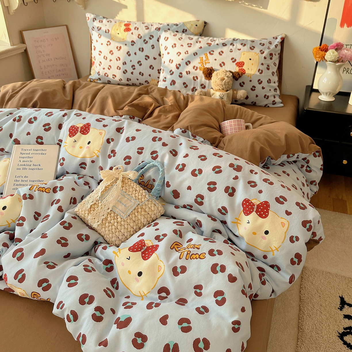 91家纺网 家纺一手货源 找家纺 初夏家纺 2026 新款水洗棉四件套A类卡通简约风床上三件套被套被罩【提供买家秀】 蓝豹喵星人