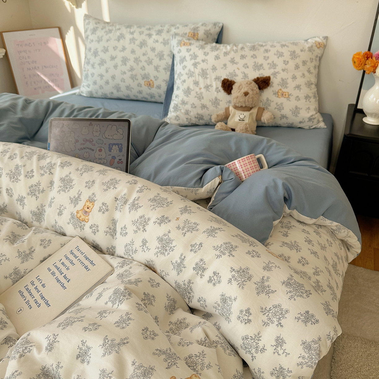 91家纺网 家纺一手货源 找家纺 初夏家纺 2026 新款水洗棉四件套A类卡通简约风床上三件套被套被罩【提供买家秀】 雾蓝西高地